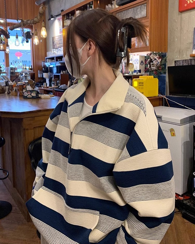 Women's American-style Retro Half-zip Striped Sweater