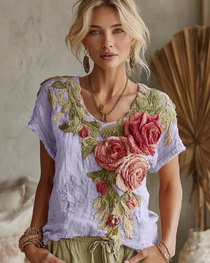 Women's Vintage Floral Art Linen Crew Neck T-shirt