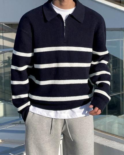 Half Zipper Contrast Color Knitwear Men's Loose Polo Collar Sweater