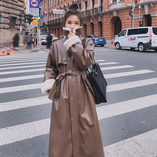 Women's Thickened Fur Long Leather Jacket For Locomotive