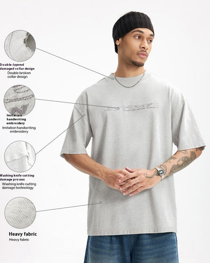 Worn Washed Embroidered T-shirt American Retro