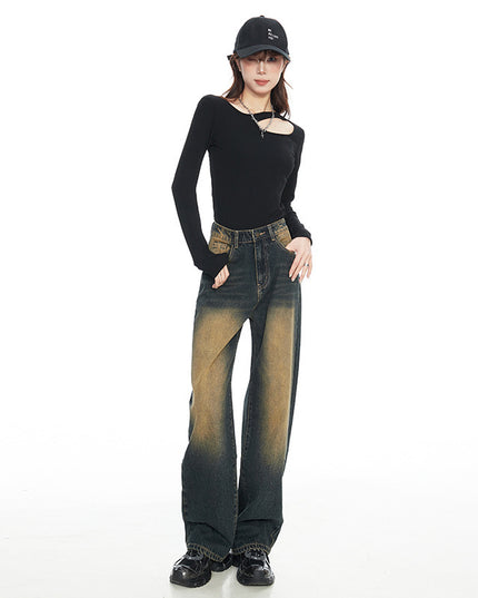 American Style Nostalgic Blue Wide Leg Jeans For Women