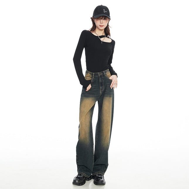 American Style Nostalgic Blue Wide Leg Jeans For Women