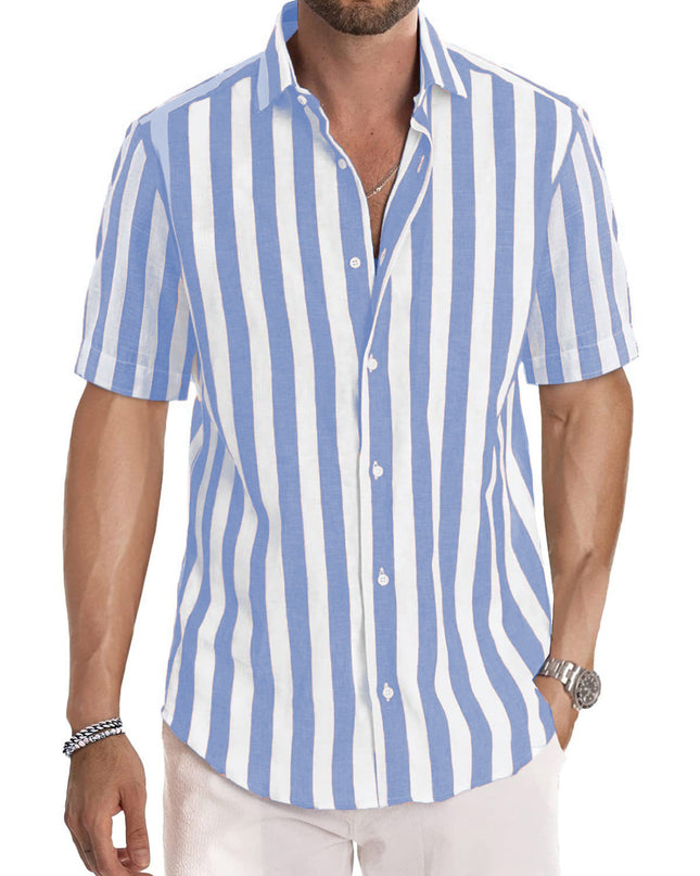 Summer European And American Men's Beach Casual Sports Yarn-dyed Striped Short-sleeved Lapel Shirt