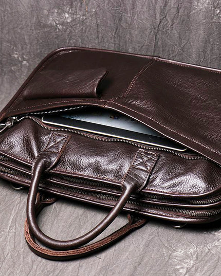 Men’s Leather One-Shoulder Crossbody Briefcase | Large Capacity Top Layer Cowhide Bag