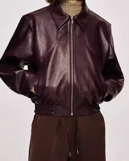 Long Sleeve Zipper Leather Lapel Baggy Coat
