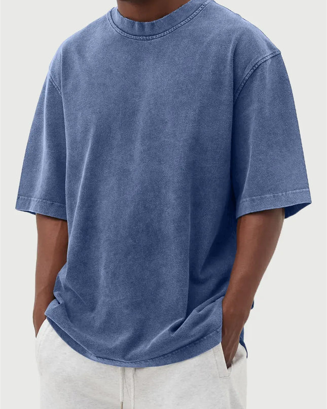 Men's Washed Fried Color Distressed Solid Color Pullover Short T-shirt