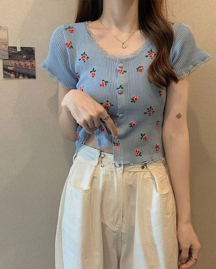 Age-reducing Floral Knitted Bottoming Shirt Short Sleeve