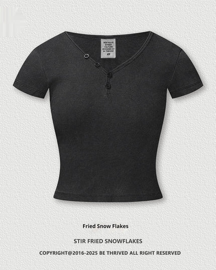 American Retro Design Hot Girl Slim Top Button V-neck Shoulder Short Sleeve