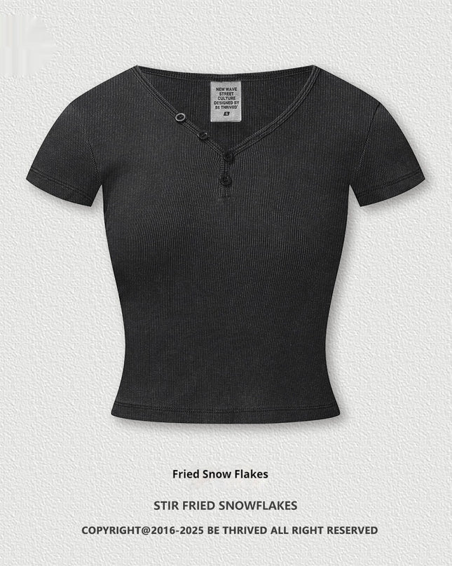 American Retro Design Hot Girl Slim Top Button V-neck Shoulder Short Sleeve