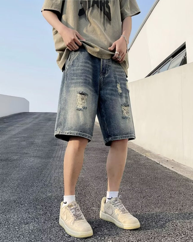 American-style Retro Tattered Jeans Men's Shorts Denim
