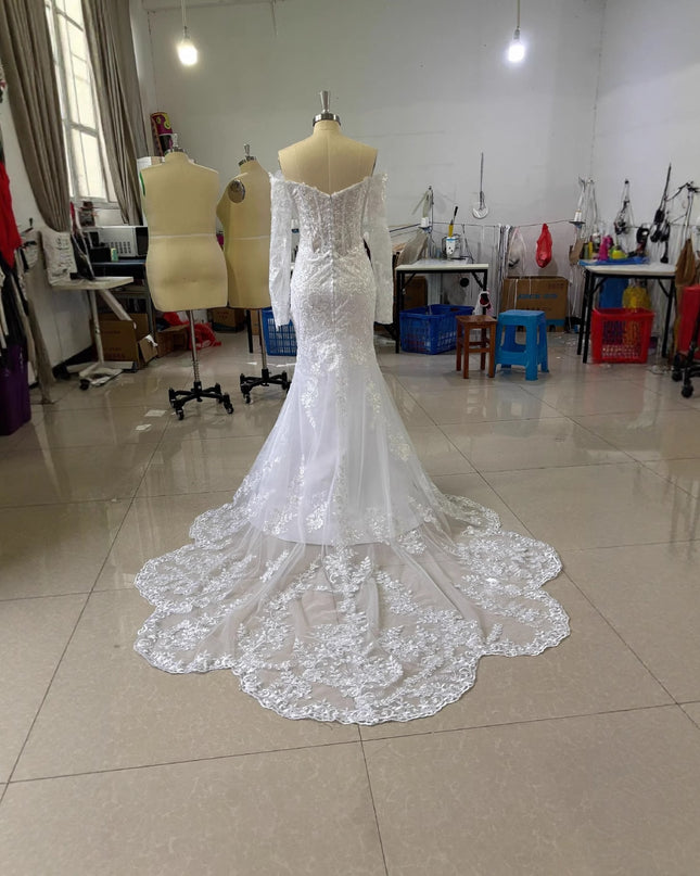 Off-shoulder Lace Long Sleeve Fishtail Gown