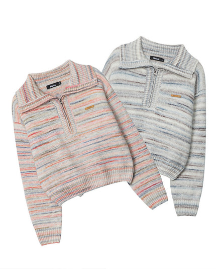 Lapel Short Sweet Half Zip Sweater For Women Striped Minimalist