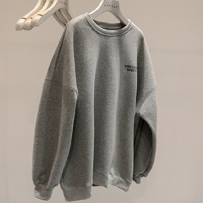 Fleece-lined Thick Lazy Round Neck Loose Sweatshirt Women