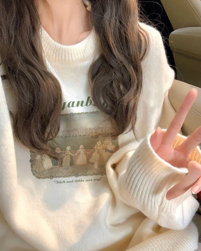 Retro Lazy Pullover Sweater Printed Women's Top