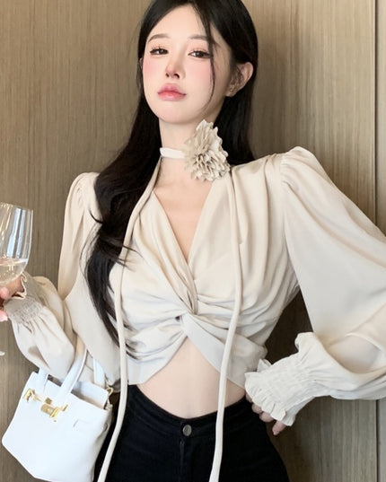 Women's Short Lace-up Kink Puff Sleeve Shirt Top