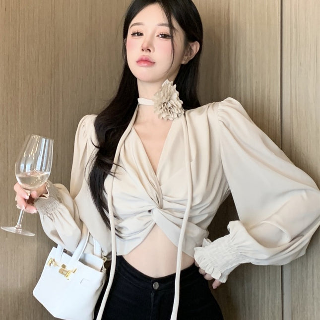 Women's Short Lace-up Kink Puff Sleeve Shirt Top