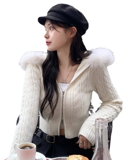 Women's Wool Stitching Hooded Wool Top With Twist Zipper Nipped Waist Knit Sweater