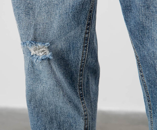 Men’s Light Blue Straight Jeans – Loose Fit, Ripped or Non-Ripped, Cotton Comfort