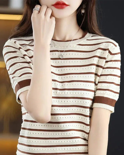 Loose Color Matching Striped Hollow Knitted Shirt