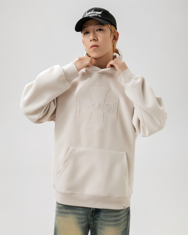 Cross Embroidery Loose Hooded Sweater for Men – Casual Cotton Blend Pullover Hoodie