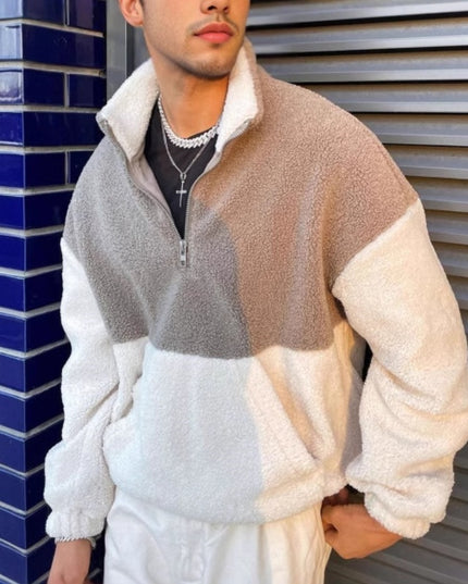 Fall Winter Men Simple Contrast Color Polar Fleece Thermal Sweater