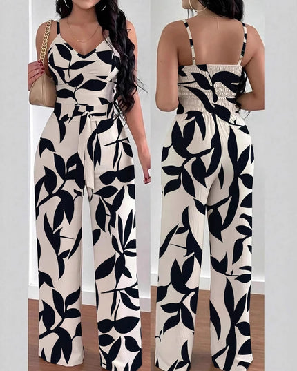 Fashion Floral Print Jumpsuit Elastic Waist Belt Jumpsuit