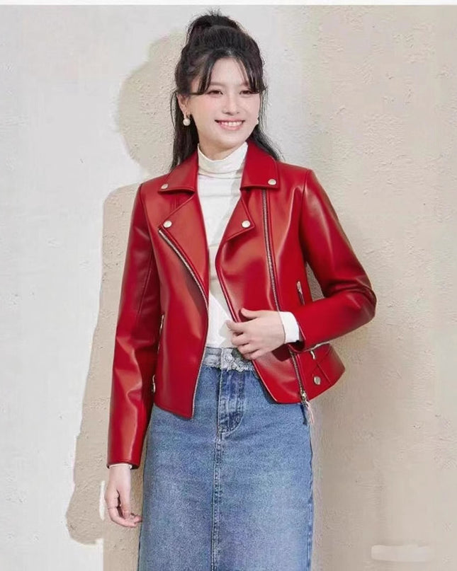 Women's Pu Motorcycle Leather Short Korean Slim Fit Plus Size