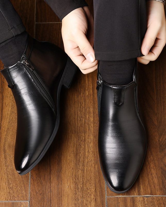 Men's Pointed White Striped Embossed Side Zipper Leather Ankle Boots
