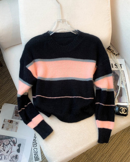 Mera Sweater Korean Casual Loose Contrast Color Striped Short Style