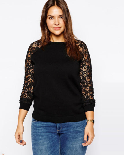 British Style Lace Sleeve Cotton Sweater T-shirt