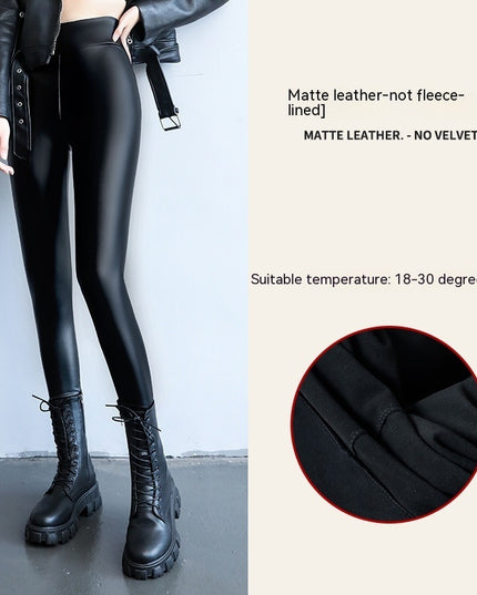 PU Fleece-lined High Waist Slimming Windproof Waterproof Leggings