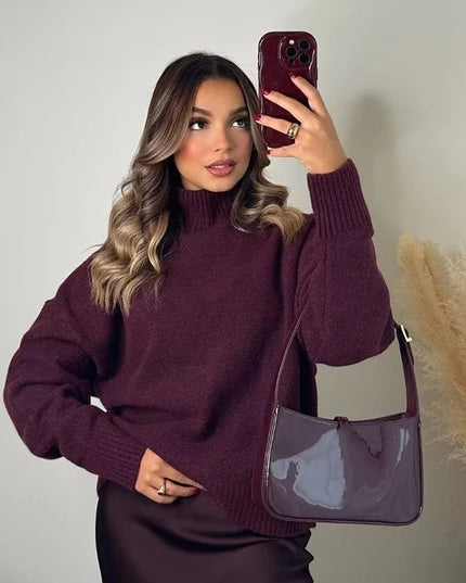 Knitwear Personality Street Vintage Women's Wine Red Turtleneck Sweater