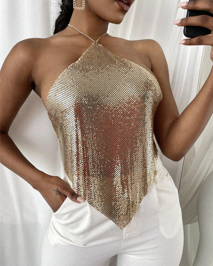 New Solid Color Metal Sexy Hot Girl Halter Sequin Sling Top For Women
