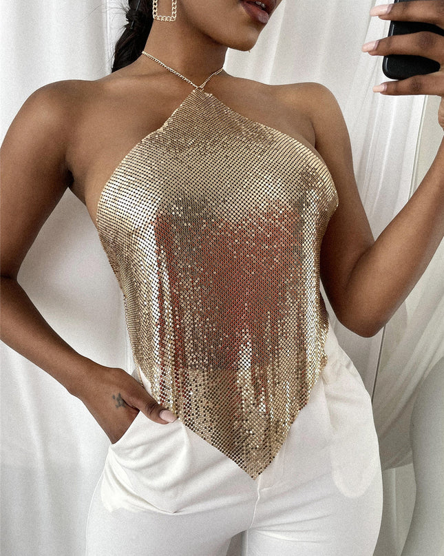 New Solid Color Metal Sexy Hot Girl Halter Sequin Sling Top For Women
