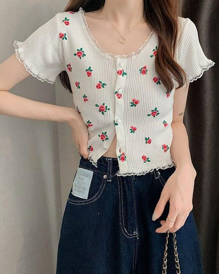 Age-reducing Floral Knitted Bottoming Shirt Short Sleeve