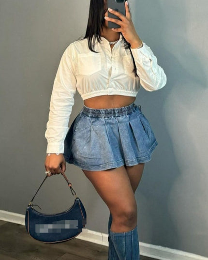 Women's Fashion All-matching Solid Color High Waist Crimp Denim Skirt