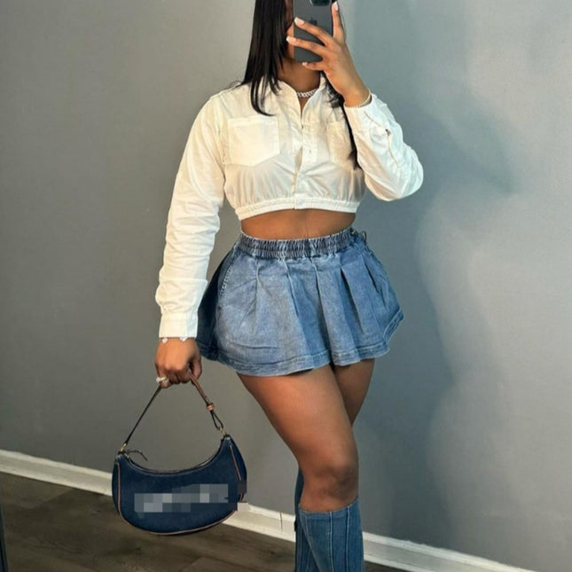 Women's Fashion All-matching Solid Color High Waist Crimp Denim Skirt