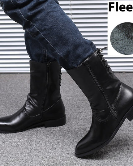 Pointed Leather Boots Men's British Korean High-top Leather Shoes Mid-calf Length