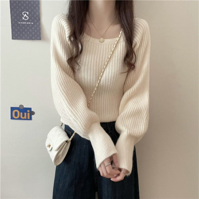 Western Style Low Collar Long Sleeves Top Slim-fit Sweater