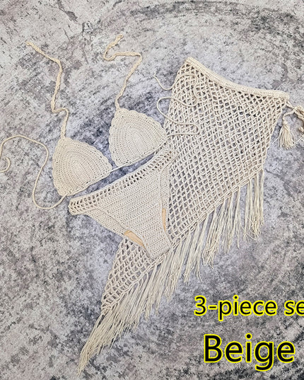 3-piece European And American Handmade Crochet Bikini Beach Skirt Swimsuit Suit