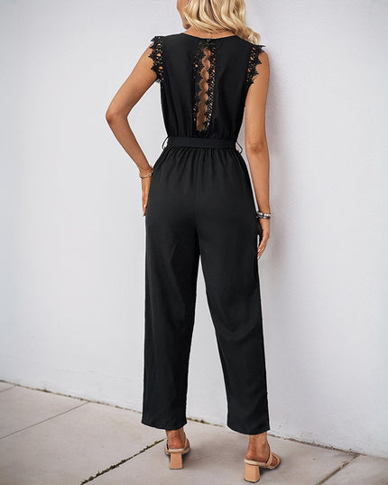 Stitching Lace V-neck Sleeveless Backless Jumpsuit