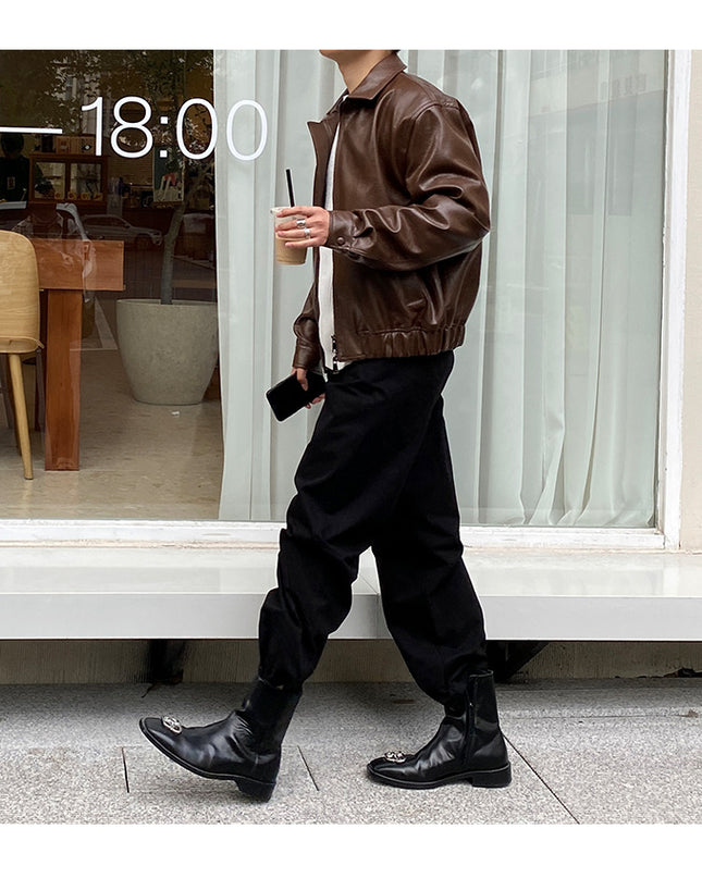 Retro Young Men's Loose Short Leather Jacket