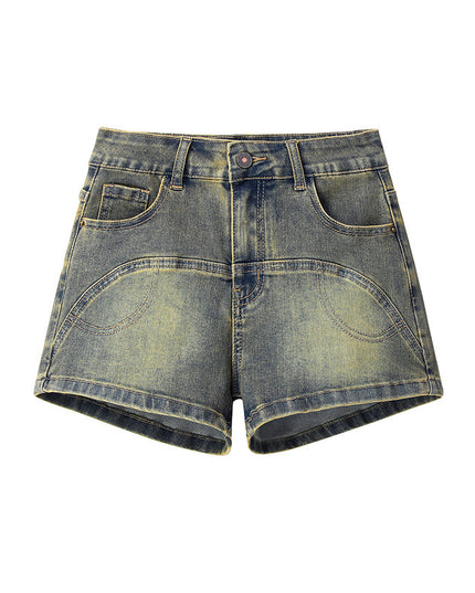 Mud Yellow Stretch Denim Shorts For Women
