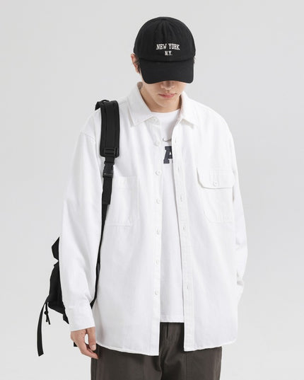 Oxford Cotton Hong Kong Style Double Pocket Trendy Loose Casual Men's Shirt