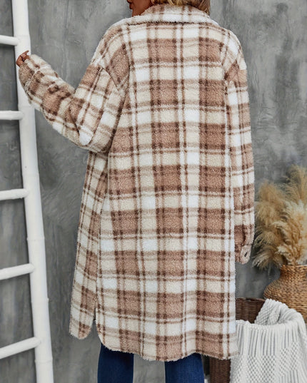 Women's Printed Plaid Long Double-sided Plush Patch Pocket Button Coat