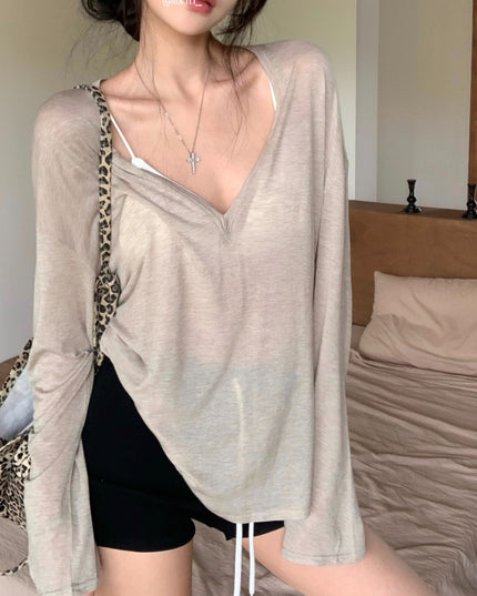 Women's Slim-transparent V-neck Long-sleeved Loose Sun Shield Casual Top