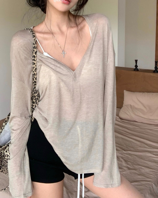 Women's Slim-transparent V-neck Long-sleeved Loose Sun Shield Casual Top