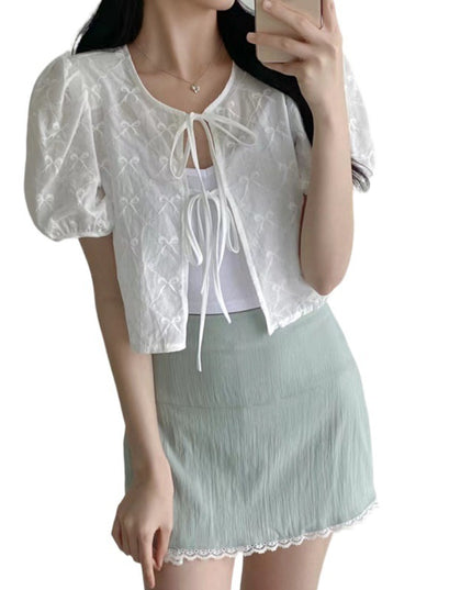 Chic Lace-up Crocheted Short-sleeved Blouse Shirt