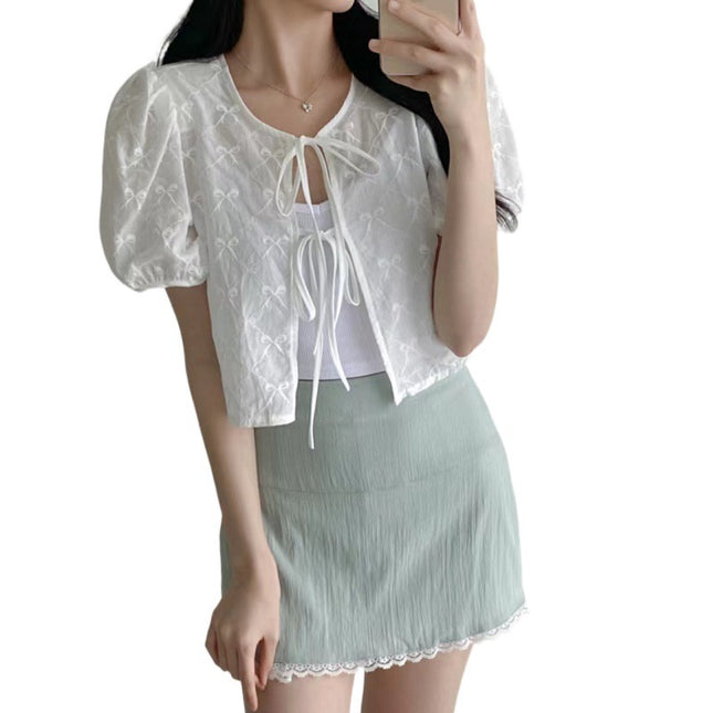 Chic Lace-up Crocheted Short-sleeved Blouse Shirt